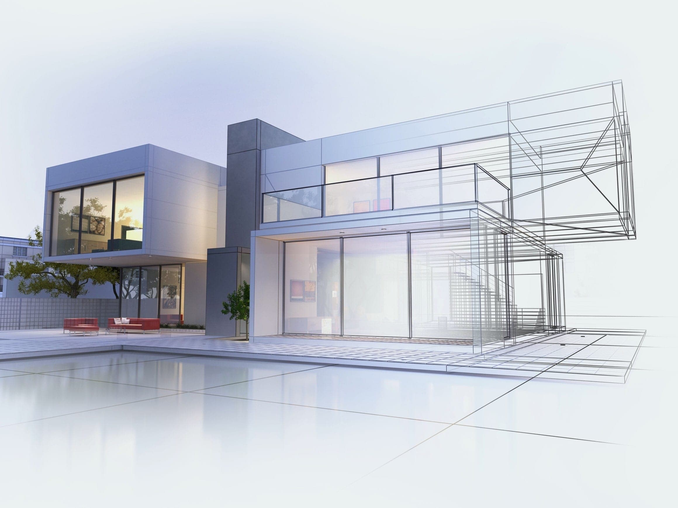 A render of a house with large windows looking into the living area