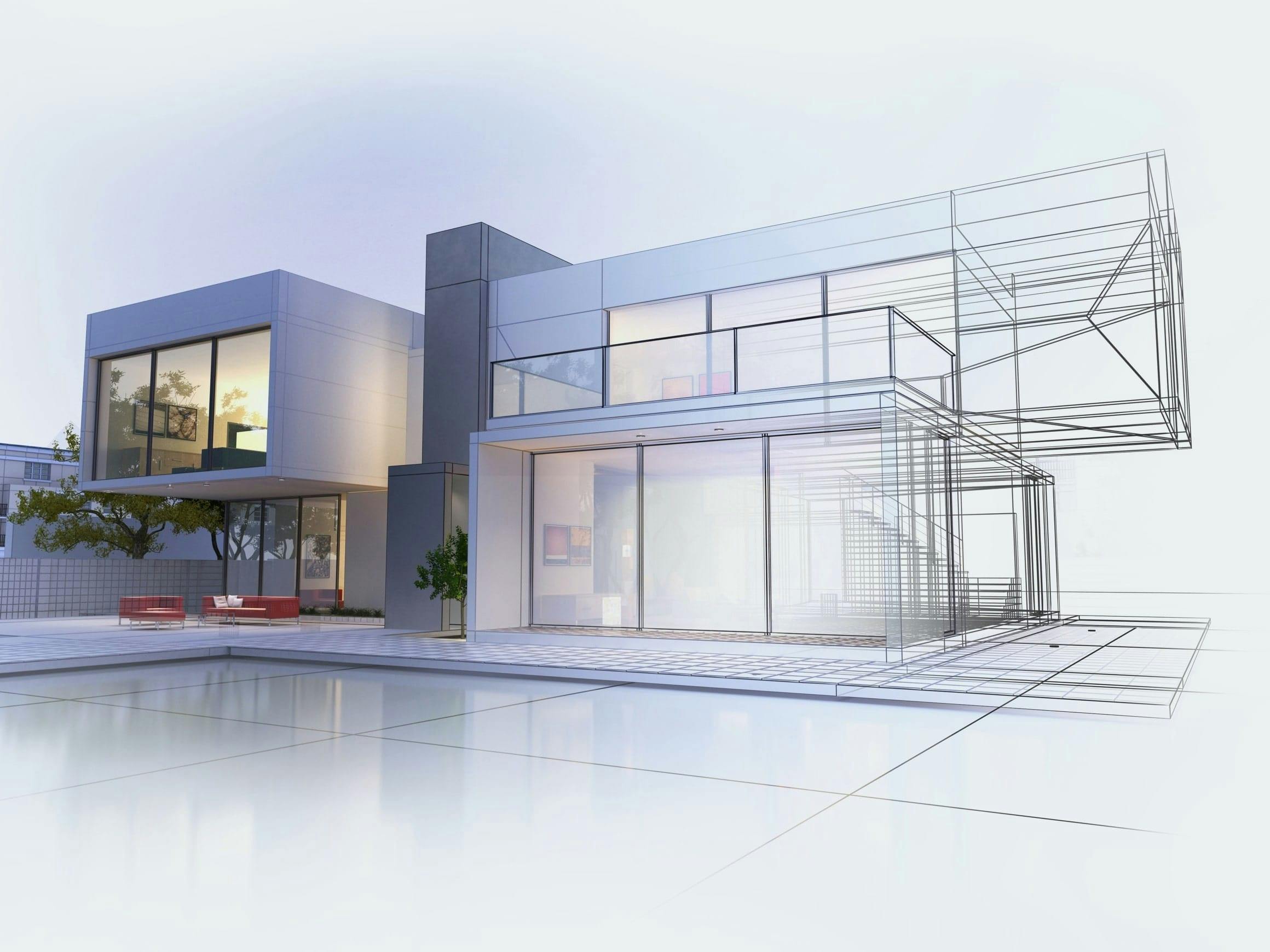 A render of a house with large windows looking into the living area